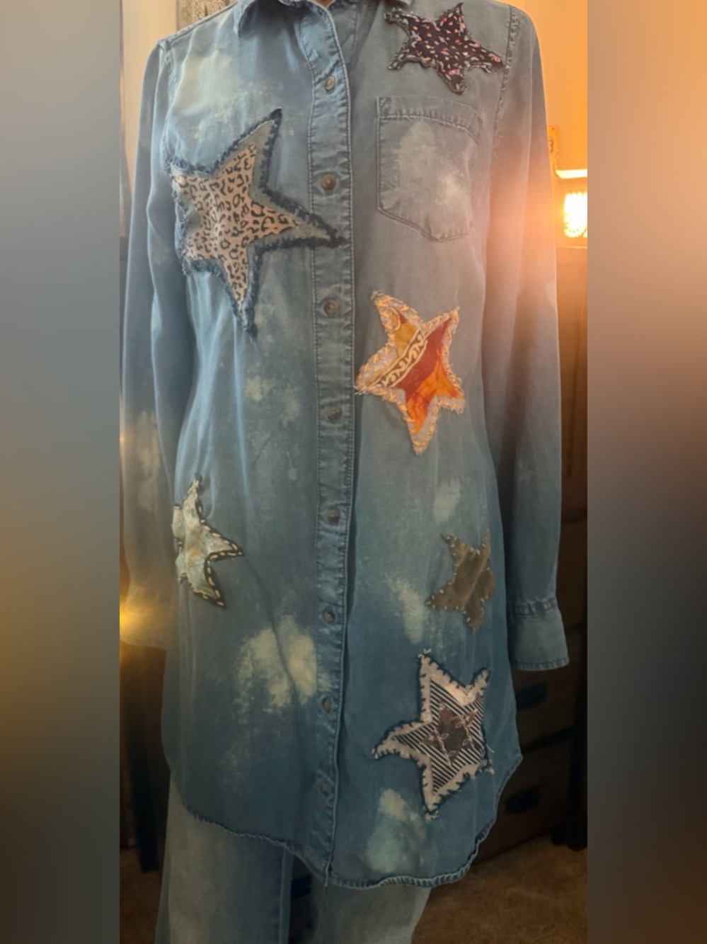 Handmade Hi/Low light denim duster with handmade patches.